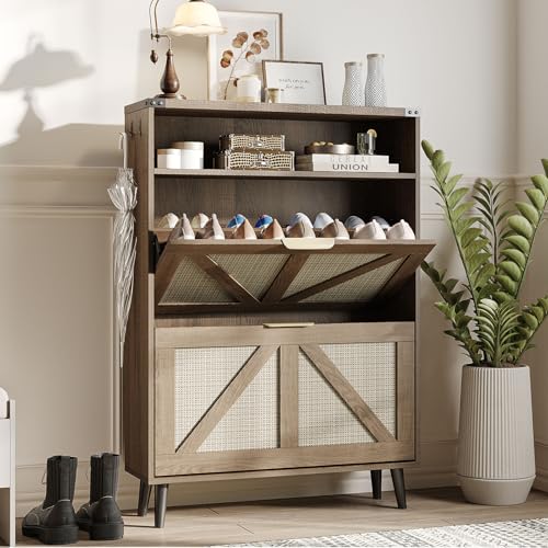 Shoe Cabinet with 2 Flip Drawers & Open Storage