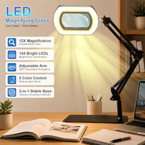 12X Magnifying Glass with Light and Stand