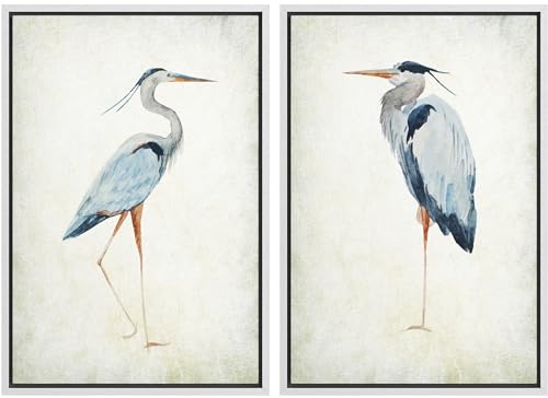 Framed Canvas Print Wall Art White Heron Pair in Marsh Coastal Illustrations Modern Art Decorative Bohemian Colorful for Living Room