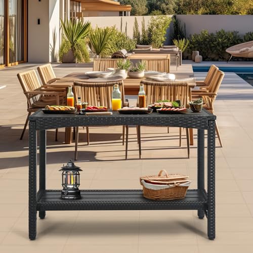 Outdoor Console Table Patio Buffet Bar Storage Organizer 45" Long Wicker Sofa Serving Sideboard Table 2