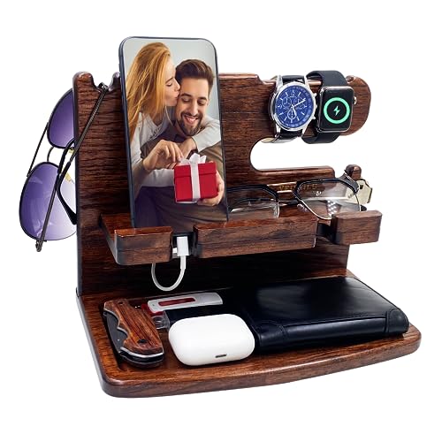 Gifts for Men from Wife Nightstand Organizer for Men Wood Phone Docking Station Phone Holder for iPhone