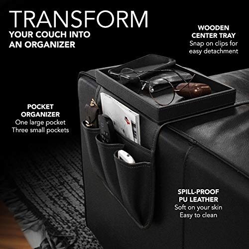 Couch Remote Caddy Control Holder Sofa Organizer with Detachable Wooden Snack Tray for Recliner Mattresses Chair Armrests with 4 Slots