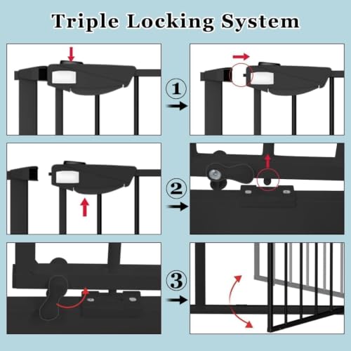 Triple Lock Baby Gate Extra Wide Pressure Mounted Walk Through Swing Auto Close Safety Black Metal Dog Pet Puppy for Stairs