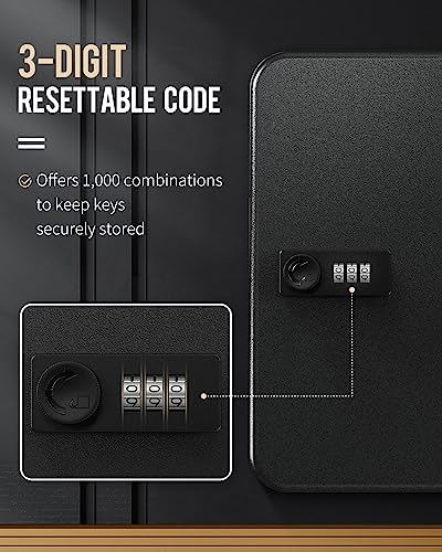 28 Key Steel Key Cabinet with Combination Lock Wall Mounted Key Organizer with Resettable Code Black Digital Security Box with Hooks and Large Key Tag Labels Identifiers in 5 Assorted Colors