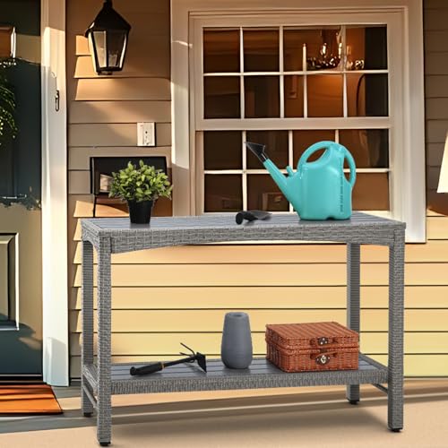 Outdoor Console Table Patio Buffet Bar Storage Organizer 45" Long Wicker Sofa Serving Sideboard Table 2