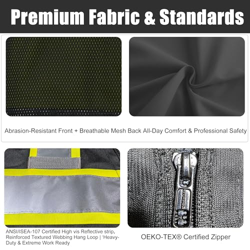 High Vis Reflective Safety Vest for Men Women Zipper Ipad Pockets Mesh Construction Apparel Neon Vest for Work