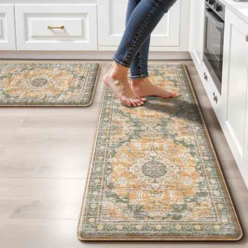 Boho Kitchen Mats for Floor 2 Piece Set Anti Fatigue Cushioned PVC Kitchen Rugs Non Slip Waterproof Farmhouse Mats 2