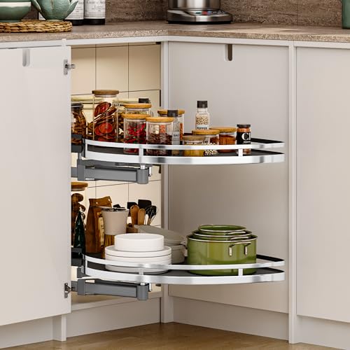 28-Inch 2-Tier Lazy Susan Turnable for Cabinet, Rotating 2-Shelf Lazy Susan Corner Organizer with Adjustable Height for Kitchen Pantry, Chrome-Plated Double Spinning Corner Organizer, Silver