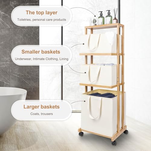Laundry Basket 3 Tier Bamboo Storage Shelf with Wheels Removable Storage Basket with Handle Freestanding Clothes Hamper Organizer for Bathroom Living Room Bedroom