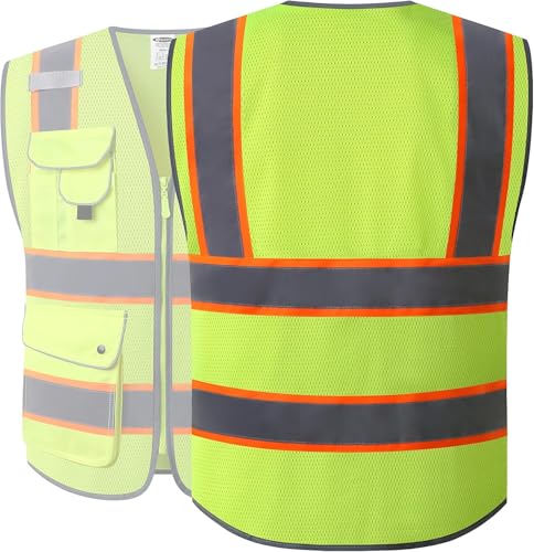 9 Pockets Class 2 High Visibility Zipper Front Safety Vest With Reflective Strips Meets ANSI