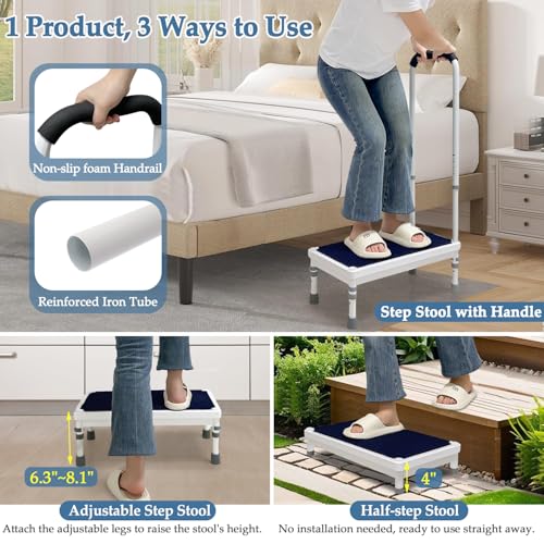 Bed Steps for High Beds for Adults Step Stool with Handle for Elderly Bedside Cane Handicap Safety Assist Wide Platform Medical Adjustable Stepping Stool for Bathtub