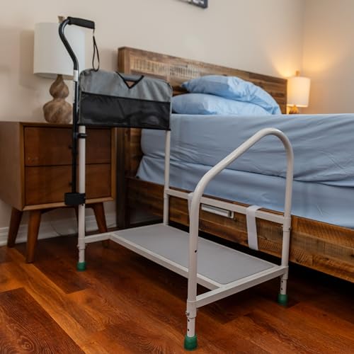 Bed Rails For Elderly with Adjustable Height Bed Step Stool & LED Light for Fall Prevention