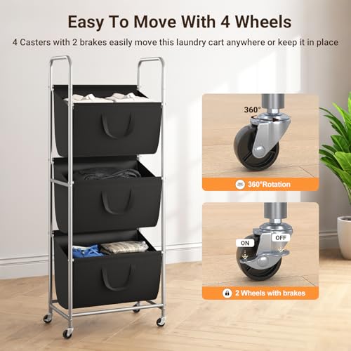 3 Tier Vertical Rolling Laundry Hamper with Wheels & Removable Bags