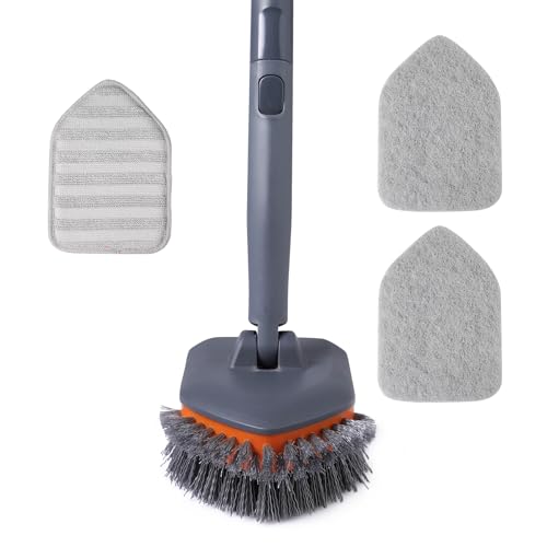 Tub Tile Scrubber Brush with 2 Different Function Cleaning Pads and 52" Extendable Long Handle