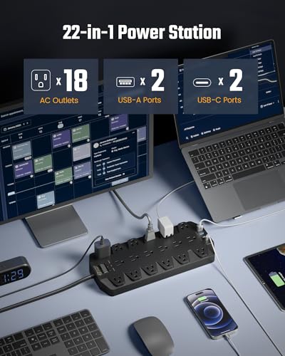 18 Outlet Surge Protector Power Strip with 2 USB C and 2USB A