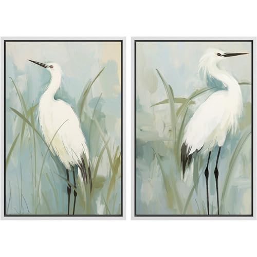 Framed Canvas Print Wall Art White Heron Pair in Marsh Coastal Illustrations Modern Art Decorative Bohemian Colorful for Living Room
