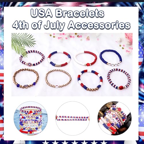 250 Anniversary USA Merchandise 4th of July Outfits for Women Men Teens Red White Blue Clay Beaded Stretch Bracelets USA Patriotic Jewelry 4th of July Accessories