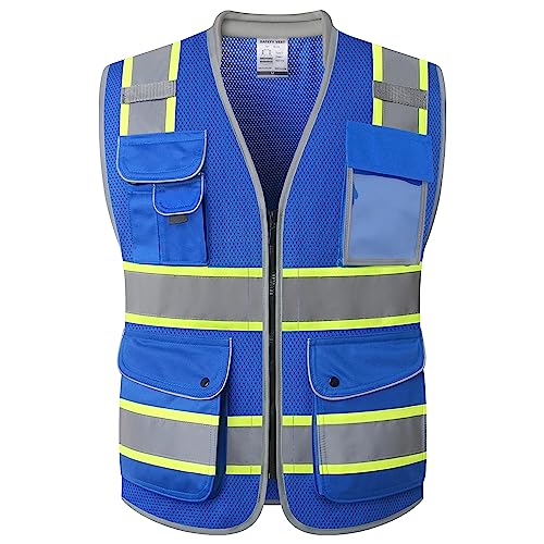 9 Pockets Class 2 High Visibility Zipper Front Safety Vest With Reflective Strips Meets ANSI