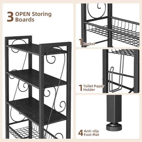 Over-The-Toilet Storage Rack 4-Tier,Bathroom Organizer Shelf Over Toilet,Adjustable Wooden Shelves and Basket,Freestanding Above Toilet Shelves,Space Saver for Rooms