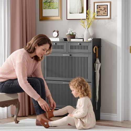Fluted Shoe Storage Cabinet with 2 Flip Drawers & 2 Top Drawers