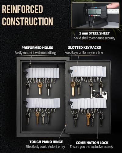 Slotted Key Cabinet with Combination Lock Wall Mounted Steel Key Organizer with Resettable Code Black Digital Security Box with Slotted Racks White Key Tags and Permanent Marker