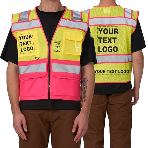 High Vis Reflective Safety Vest for Men Women Zipper Ipad Pockets Mesh Construction Apparel Neon Vest for Work