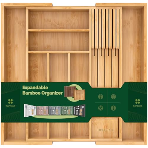 Expandable Bamboo Silverware Organizer with Knife Block