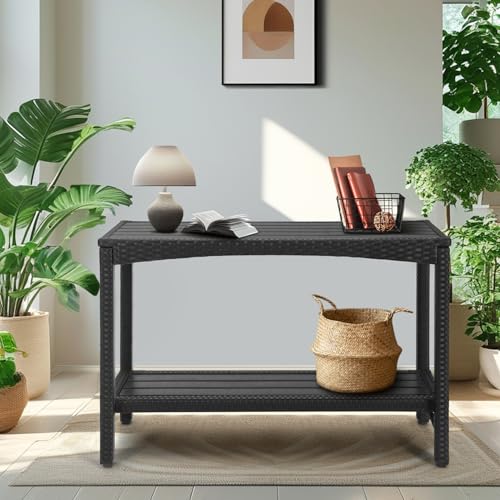 Outdoor Console Table Patio Buffet Bar Storage Organizer 45" Long Wicker Sofa Serving Sideboard Table 2