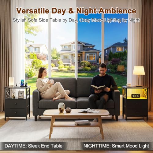 Night Stand Set of 2 with Charging Station and LED Lights