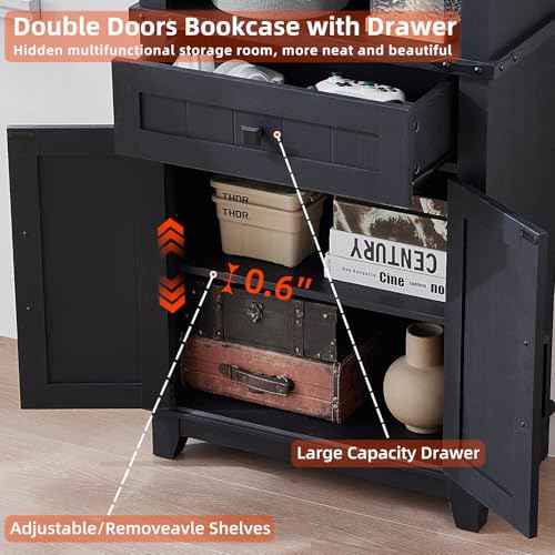 72in Tall Bookshelf 7 Tier Bookcase with Drawer and Barn Doors and Adjustable Shelves