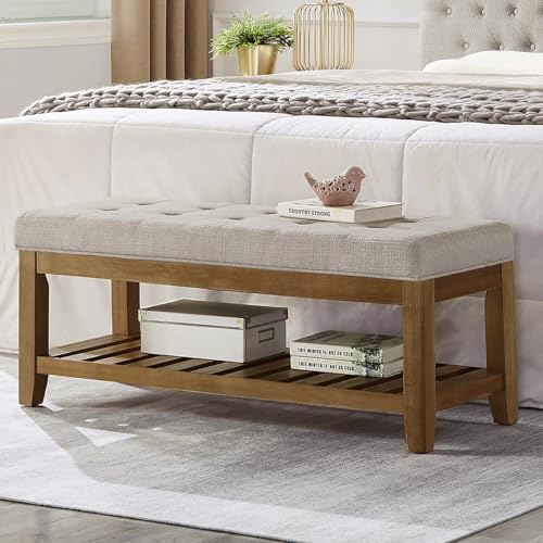 Large Rectangular Upholstered Tufted Linen Ottoman Bench