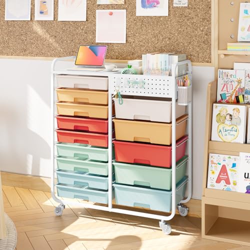14 Drawer Rolling Storage Cart with Tabletop and Pegboard for Crafts