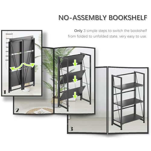 No Assembly Folding Bookshelf Storage Shelves Vintage Bookcase Standing Racks for Bedroom Living Room Home Office