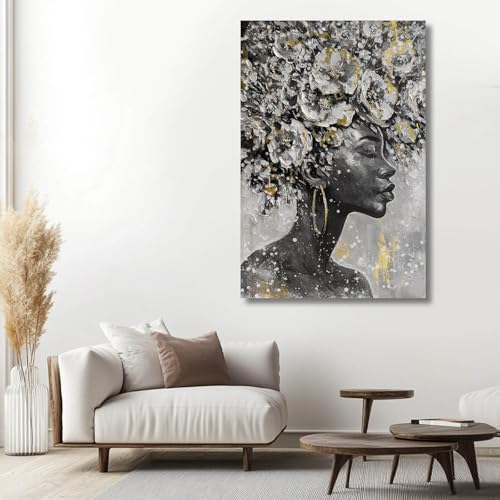 Black Woman Wall Art African American Canvas Animal Painting Cow Farmhouse Abstract Wall Decor Gray White Black Gold Modern Rustic Artwork for Living Room Bedroom Large Wall Art