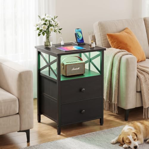 Night Stand Set of 2 with Charging Station and LED Lights