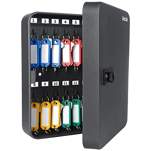 28 Key Steel Key Cabinet with Combination Lock Wall Mounted Key Organizer with Resettable Code Black Digital Security Box with Hooks and Large Key Tag Labels Identifiers in 5 Assorted Colors