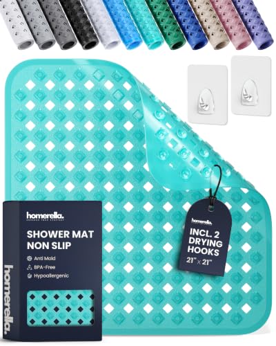 Shower Stall Mat Non Slip 21x21 Square Shower and Standing Bathtub Mat for Baby INCL. 2 Hooks for Storage Anti Slip Shower Mats with Suction Cups Soft on Feet Machine Washable Homerella
