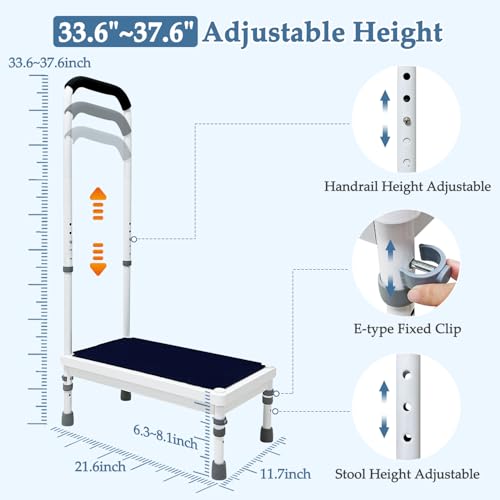 Bed Steps for High Beds for Adults Step Stool with Handle for Elderly Bedside Cane Handicap Safety Assist Wide Platform Medical Adjustable Stepping Stool for Bathtub