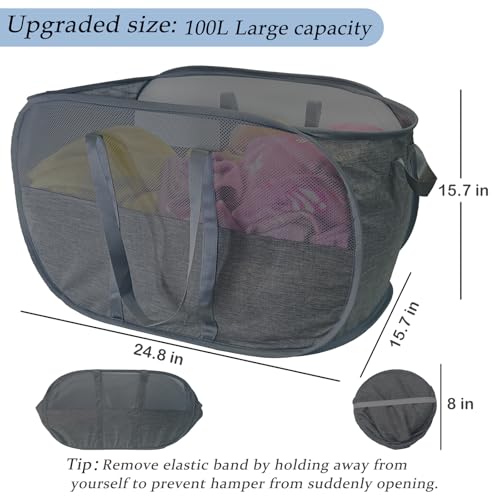 100L Extra Large Mesh Pop Up Laundry Hamper with Lid and Handles