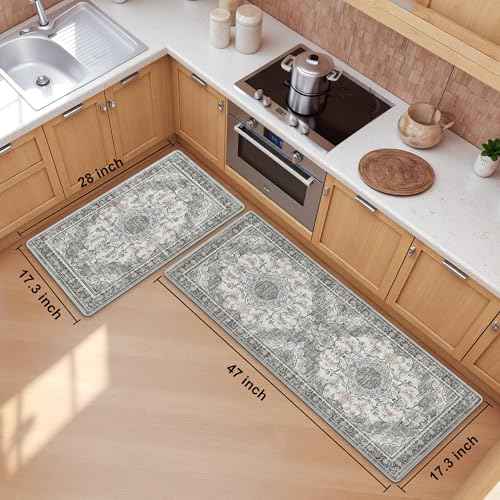 Boho Kitchen Mats for Floor 2 Piece Set Anti Fatigue Cushioned PVC Kitchen Rugs Non Slip Waterproof Farmhouse Mats 2