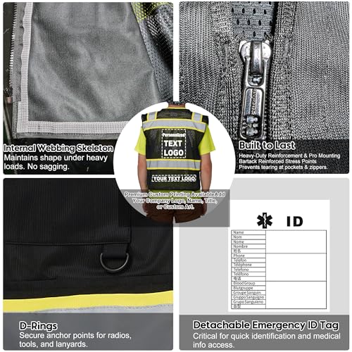 High Vis Reflective Safety Vest for Men Women Zipper Ipad Pockets Mesh Construction Apparel Neon Vest for Work