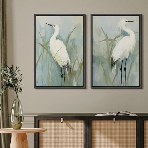 Framed Canvas Print Wall Art White Heron Pair in Marsh Coastal Illustrations Modern Art Decorative Bohemian Colorful for Living Room