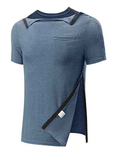 Men's Post Shoulder Surgery Recovery Shirts Full Tear Away Short Sleeve Snap Chemo Port Access Shirt