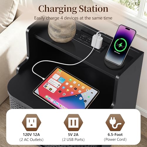 Metal Rattan Narrow End Table with Charging Station
