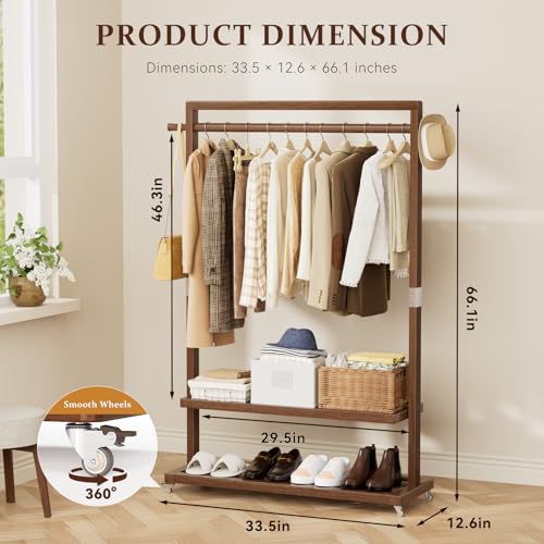 Solid Wood Clothes Rack with Wheels