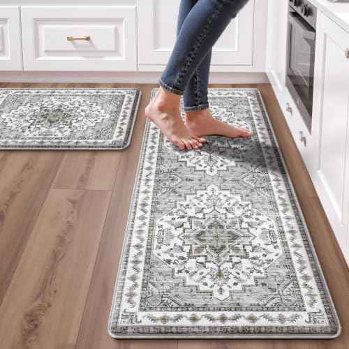 Boho Kitchen Mats for Floor 2 Piece Set Anti Fatigue Cushioned PVC Kitchen Rugs Non Slip Waterproof Farmhouse Mats 2