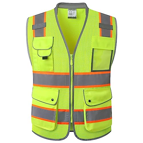 9 Pockets Class 2 High Visibility Zipper Front Safety Vest With Reflective Strips Meets ANSI