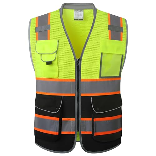 9 Pockets Class 2 High Visibility Zipper Front Safety Vest With Reflective Strips Meets ANSI