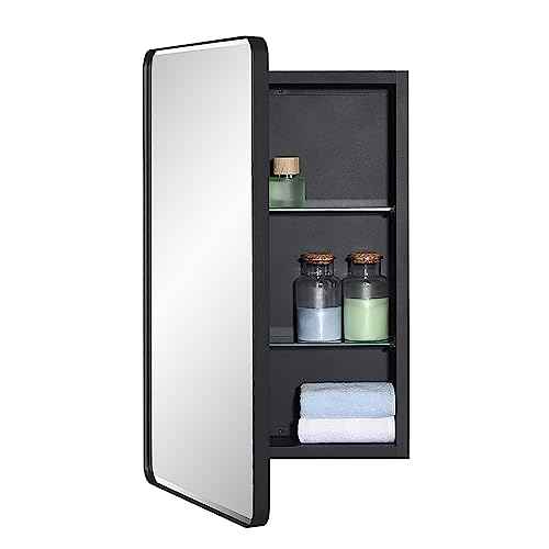 Black Bathroom Mirror Medicine Cabinet with Round Corner Framed Door and Beveled Edge Mirror