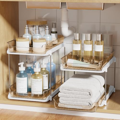 2-Tier Multi-Purpose Bathroom Under Sink Organizers and Storage, Stackable Kitchen Pantry Organization, Pull Out Medicine Cabinet Organizer with Movable Dividers